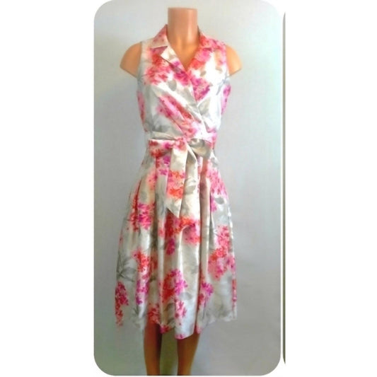 Vintage Jessica Howard Pink Floral Silver Wrap A-Line Midi Dress Size 14
