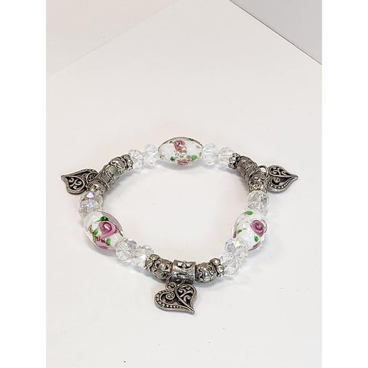 Vintage Style Floral Glass Rose Heart Charm Stretch Bracelet Silver Tone Pink