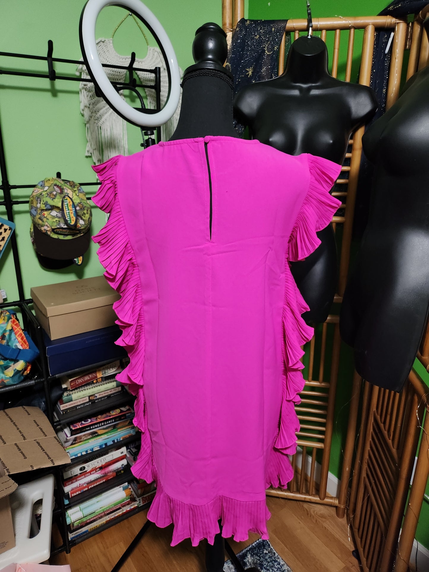 TCEC Fuchsia Pink Ruffle Trim Mini Dress Sleeveless Shift Party Cocktail