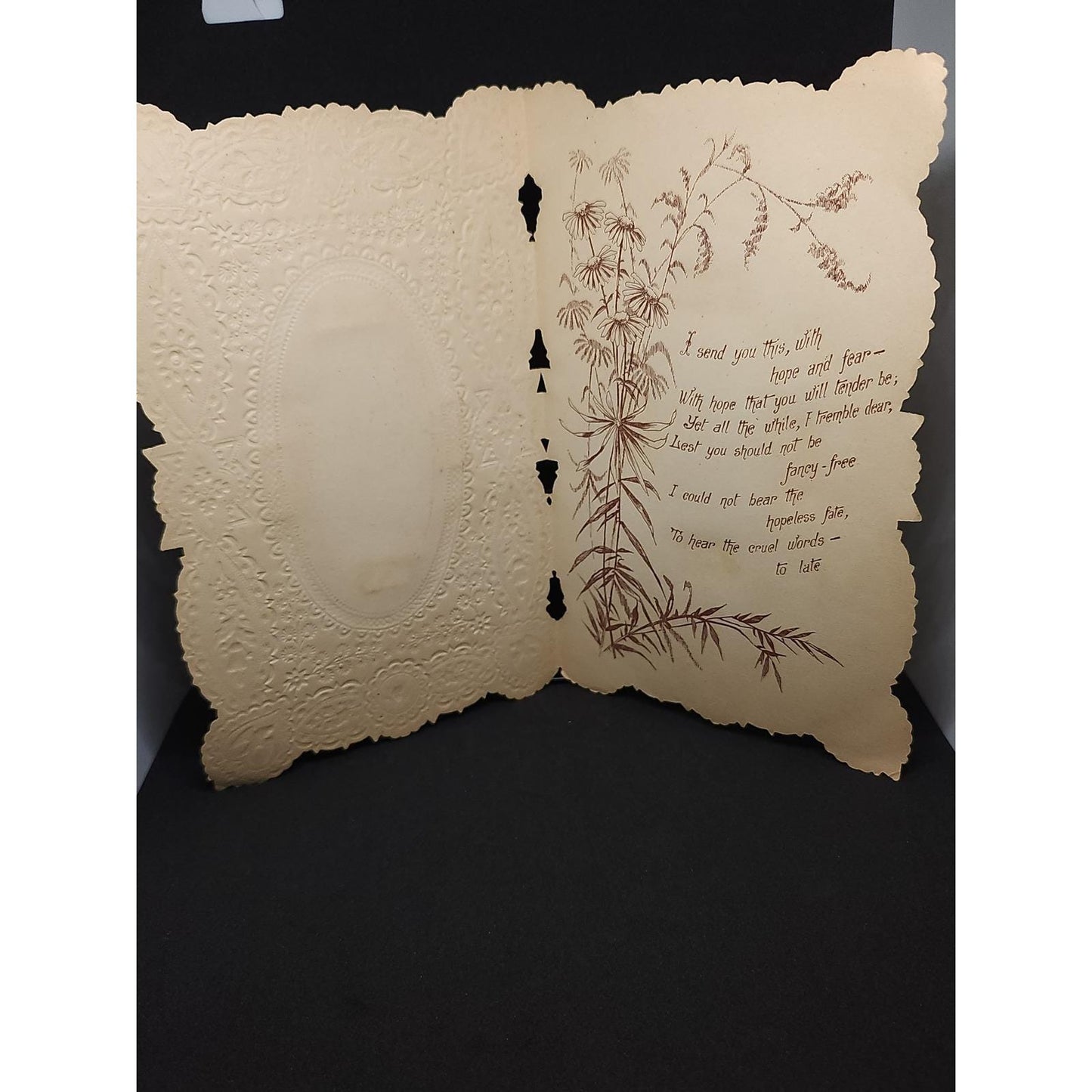 Vintage Victorian Valentine Greeting Card Die Cut Lace Paper Gold Accents Cherub