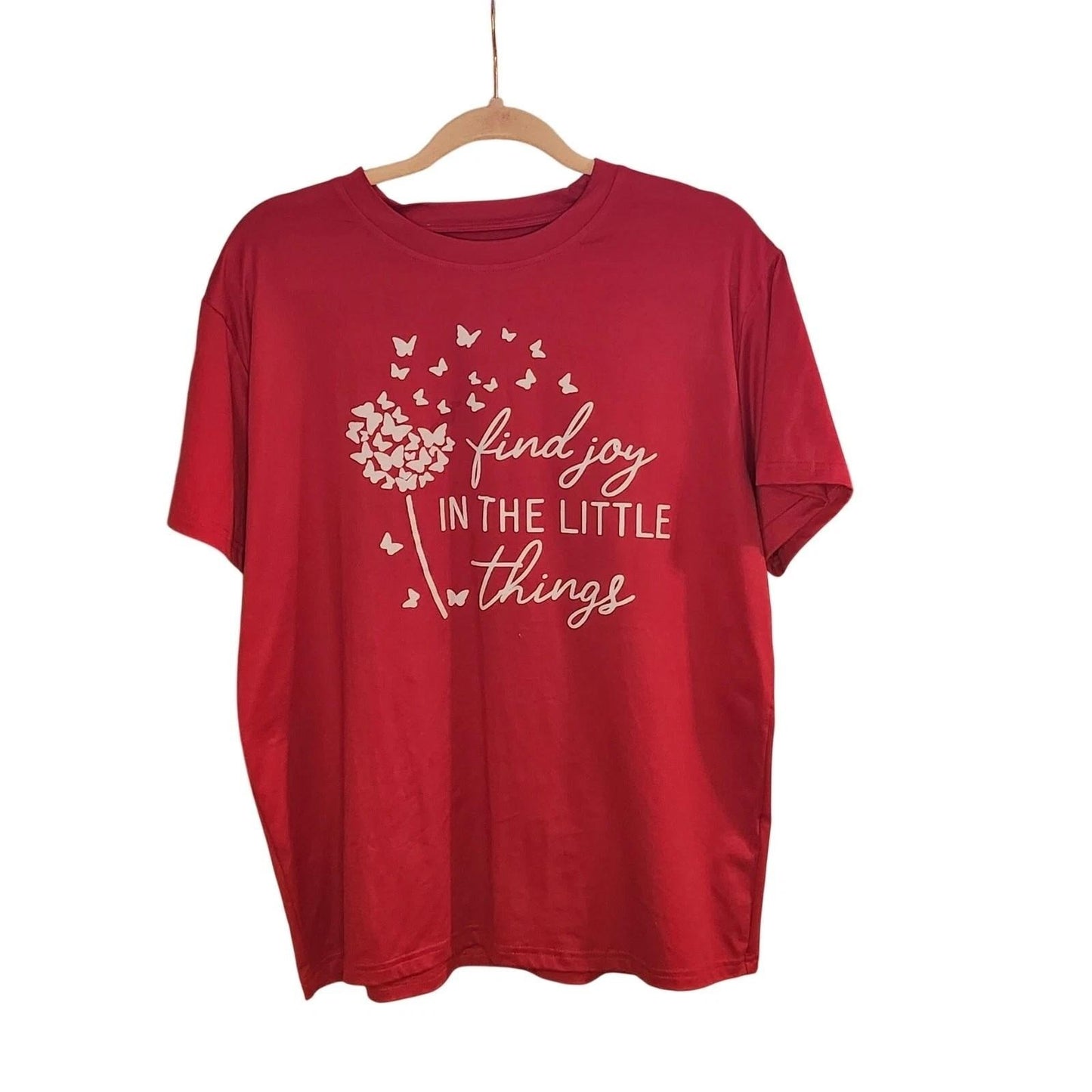 Womens Red Graphic T-Shirt Find Joy In The Little Things Dandelion Butterflies