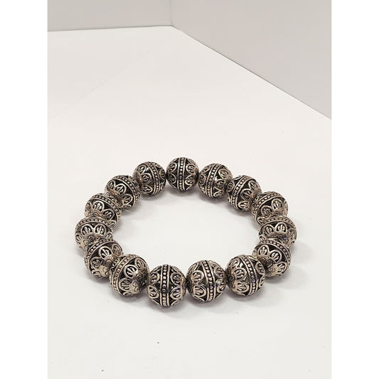 Silver Tone Filigree Beaded Stretch Bracelet Ornate Boho Openwork Ball Jewelry