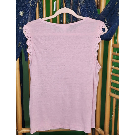 Time and Tru Light Pink Slub Knit Top Crochet Lace Trim Sleeves Womens Size M