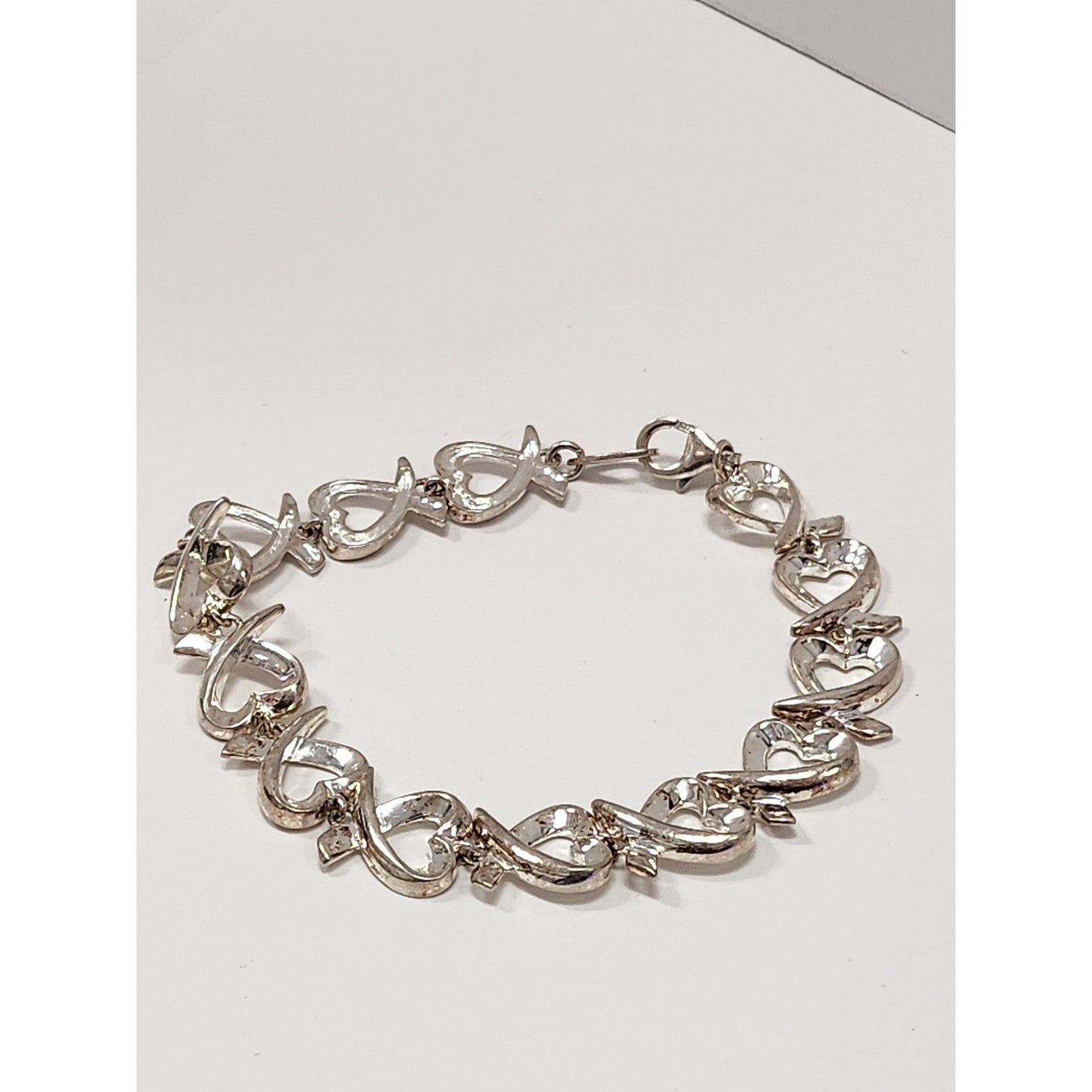 Sterling Silver 925 Open Heart and X Kiss Link Bracelet Polished Romantic Style
