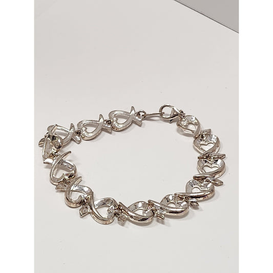 Sterling Silver 925 Open Heart and X Kiss Link Bracelet Polished Romantic Style