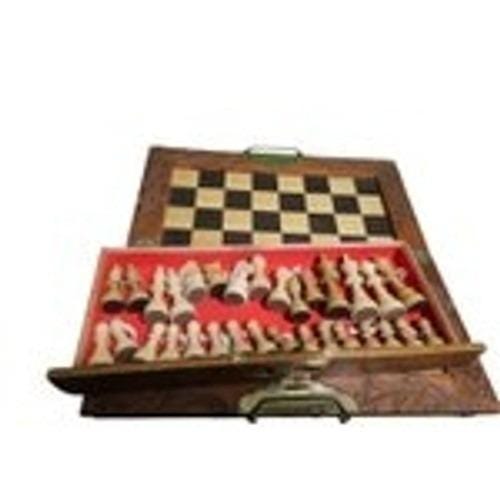 VTG Carved Wood Folding Chess Set Complete Board Dragon Design Brass Hardware