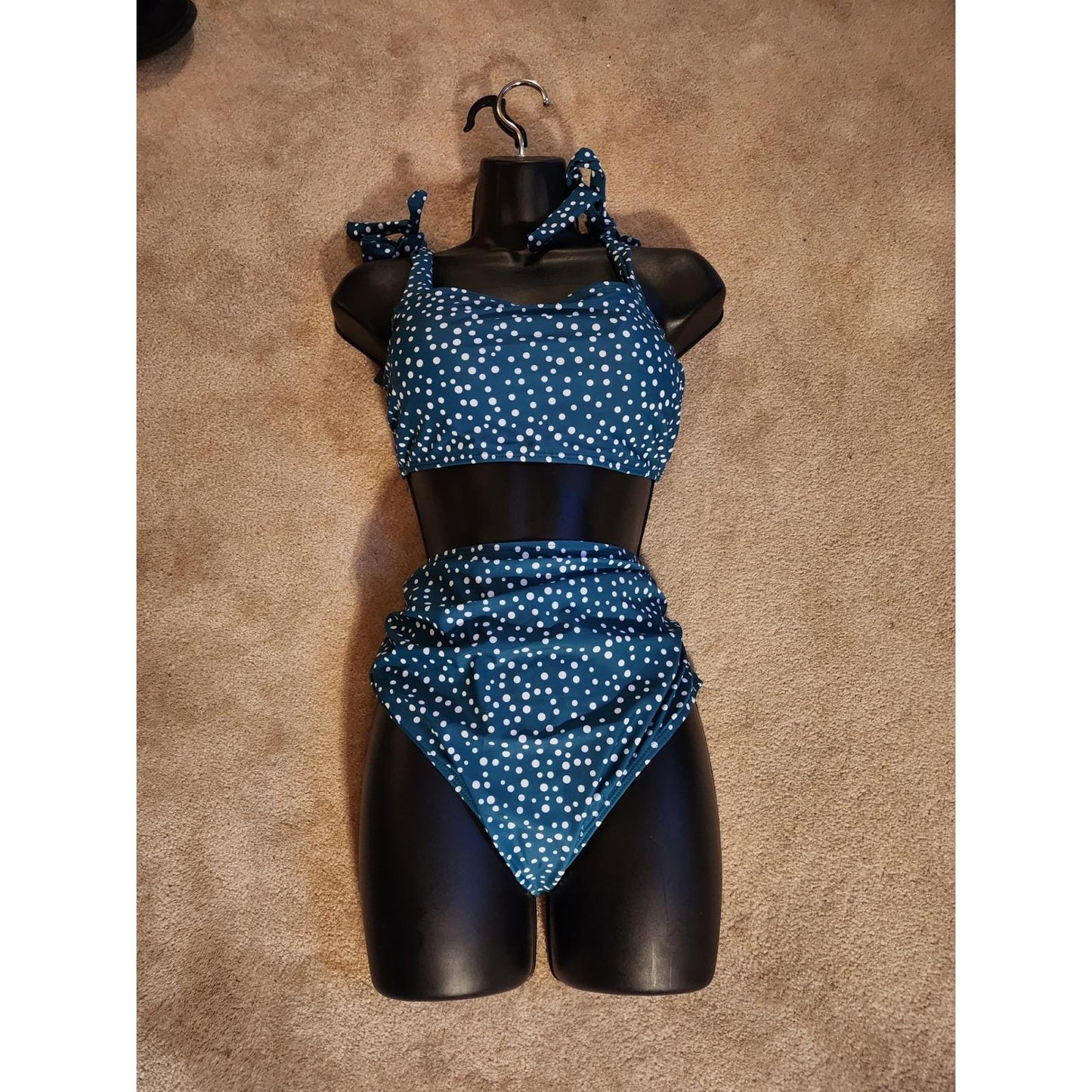 Anna-Kaci Green Polka Dot High Waisted Bikini Set Tie Shoulder Swimsuit NEW