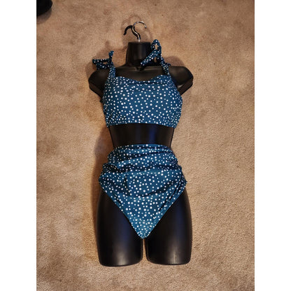 Anna-Kaci Green Polka Dot High Waisted Bikini Set Tie Shoulder Swimsuit NEW