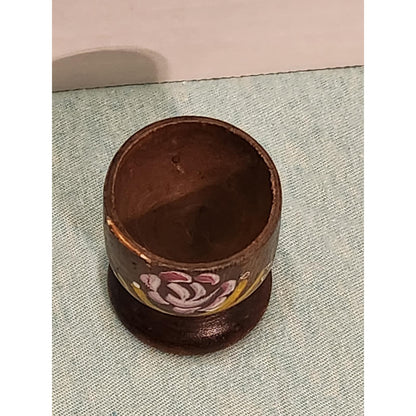 Vintage Hand Painted Wooden Egg Cups Set of 4 Floral Rose Folk Art Kitchenware