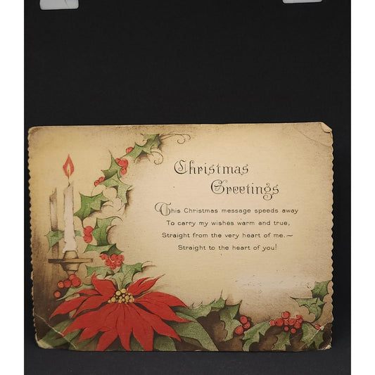 Vintage Christmas Card Poinsettia Holly Candle Scalloped Edge Ephemera