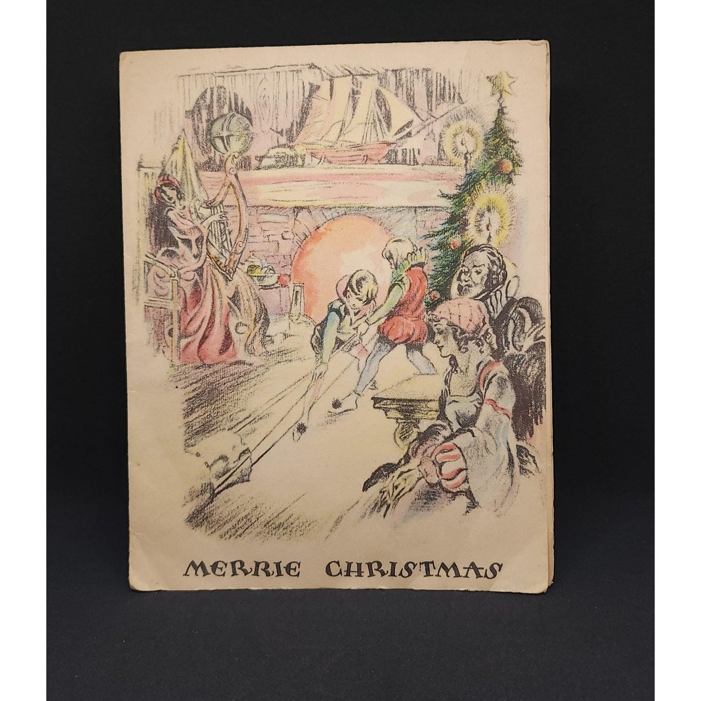 Vintage Merrie Christmas Greeting Card Hearth Scene Bell Ringers Illustration