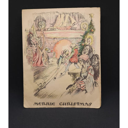 Vintage Merrie Christmas Greeting Card Hearth Scene Bell Ringers Illustration