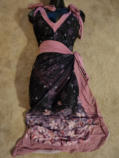 Sakura Cherry Blossom Celestial Swimsuit and Sarong Set Black Pink 2XL