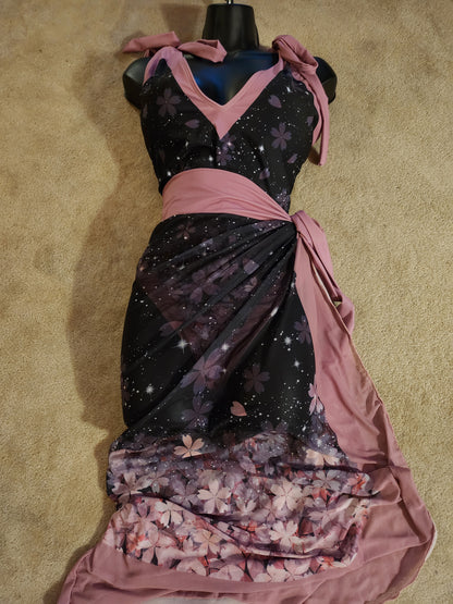Sakura Cherry Blossom Celestial Swimsuit and Sarong Set Black Pink 2XL