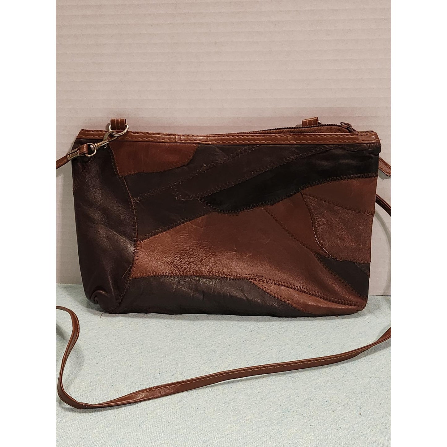 Vintage Patchwork Leather Crossbody Bag Brown Boho Tassel Zipper Purse Small