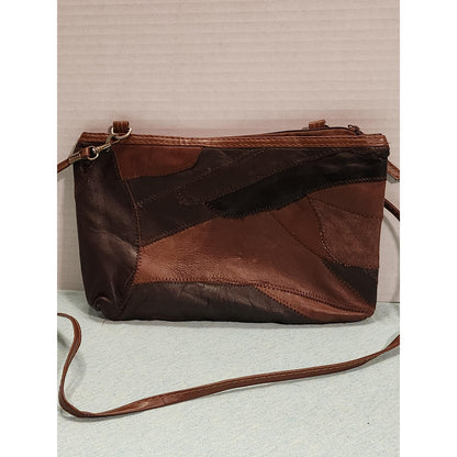 Vintage Patchwork Leather Crossbody Bag Brown Boho Tassel Zipper Purse Small