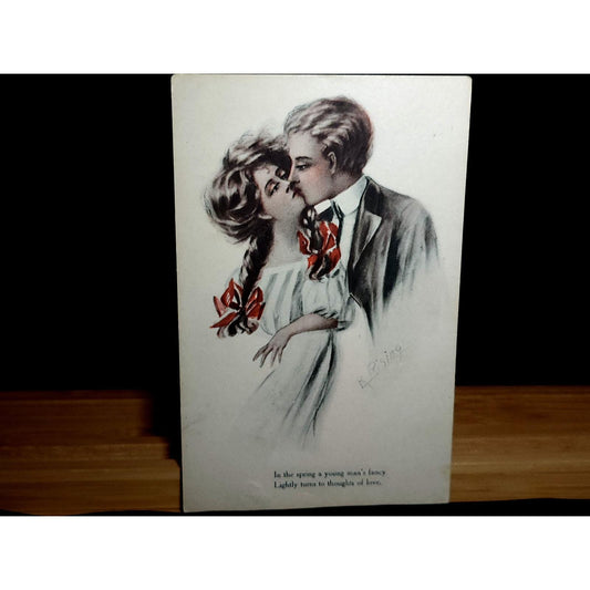 VTG Romance Postcard K Rising Artist Signed Couple Kissing Spring Quote PCK K351