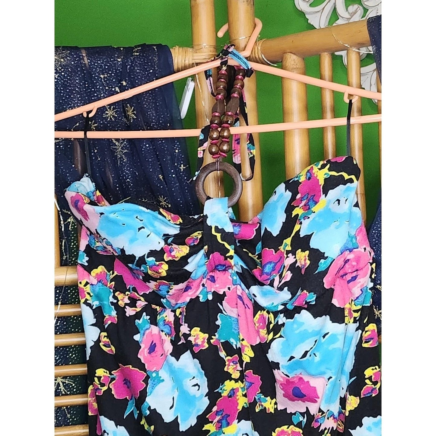 No Boundaries Y2K Floral Beaded Halter Maxi Dress Tropical Boho Summer XL