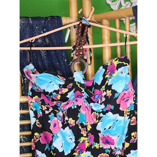No Boundaries Y2K Floral Beaded Halter Maxi Dress Tropical Boho Summer XL