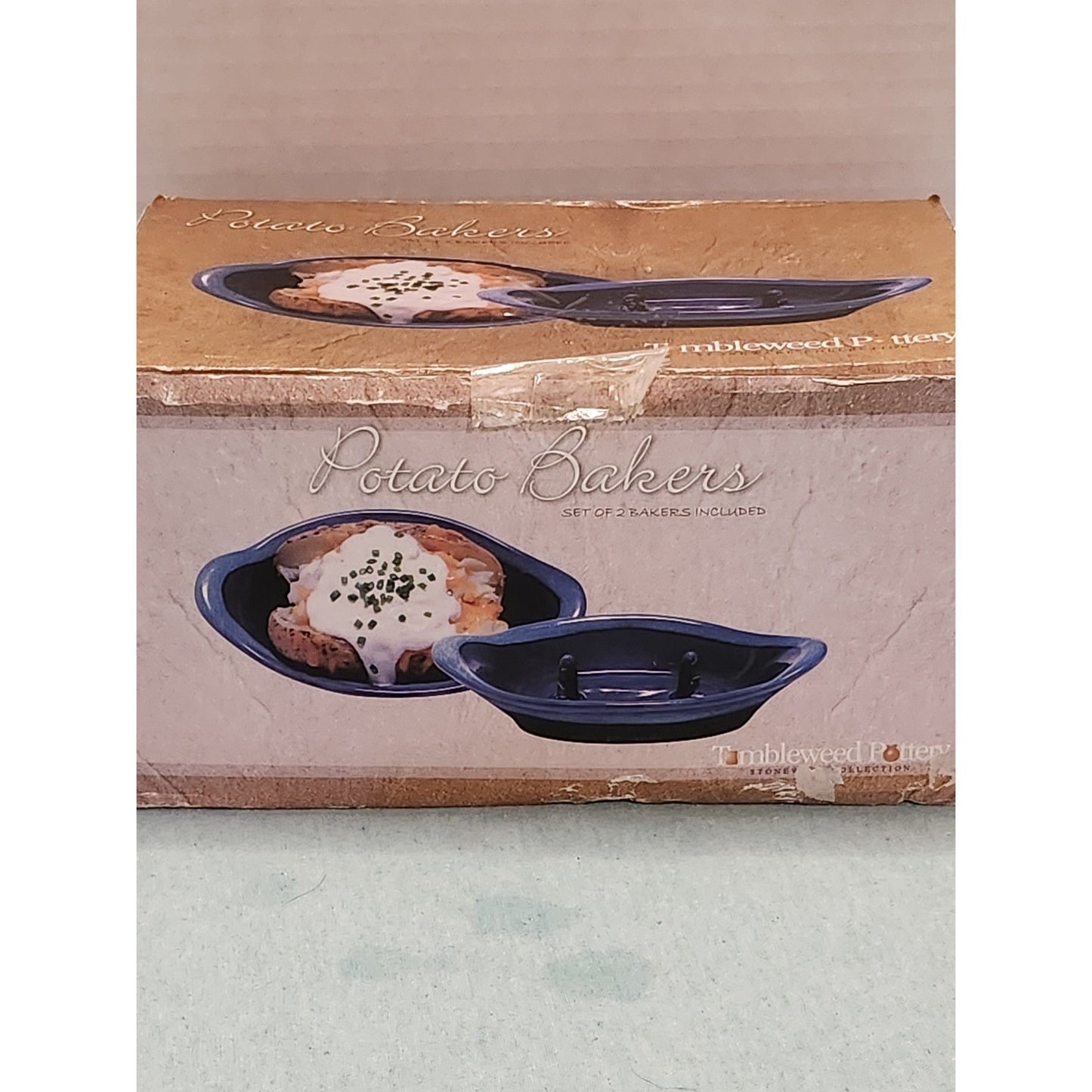 Tumbleweed Pottery Stoneware Potato Bakers Set 2 Cobalt Blue Glaze Spiked Dish