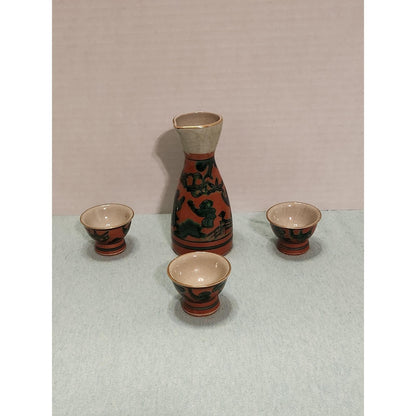 Vintage Kutani Japanese Sake Set Tokkuri Decanter 3 Ochoko Cups Red Green Gold