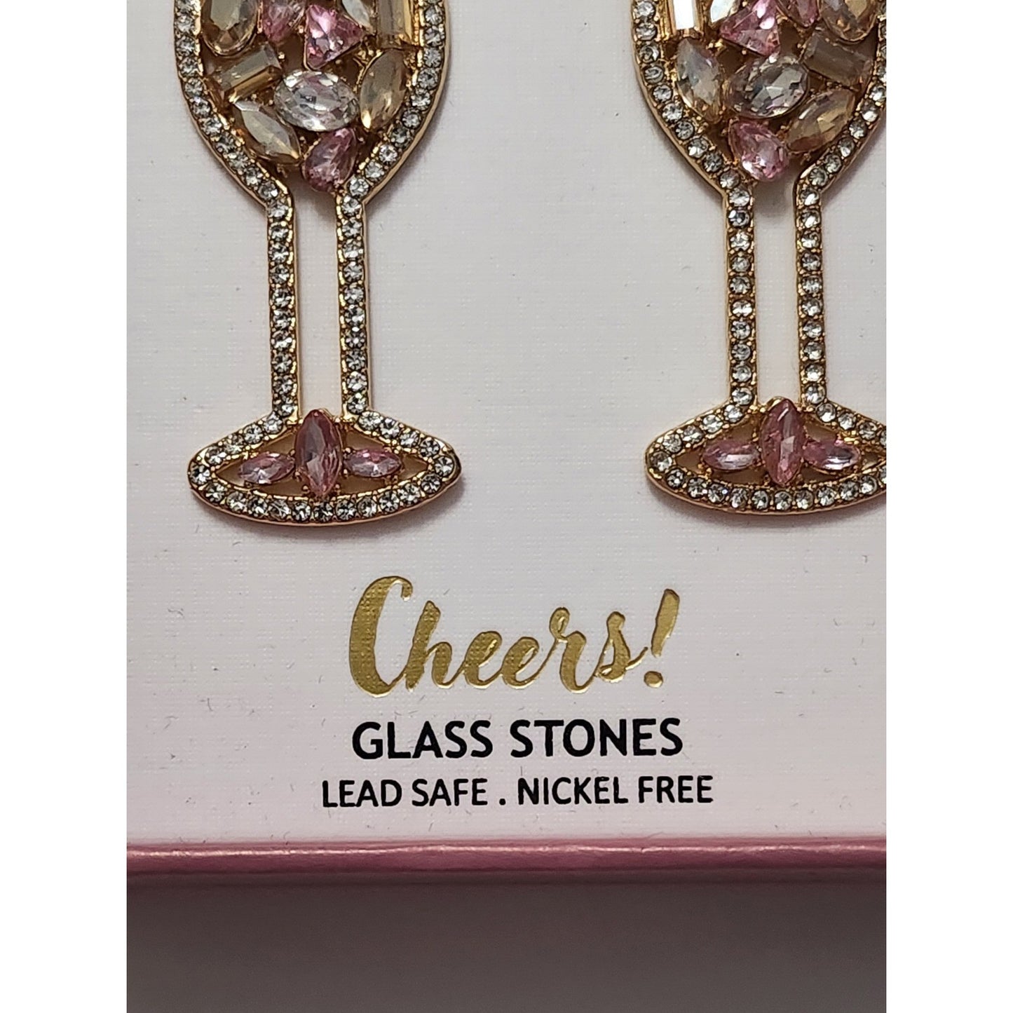 Piper K Champagne Flute Drop Earrings Pink Glass Stones Faux Pearl Gold Tone