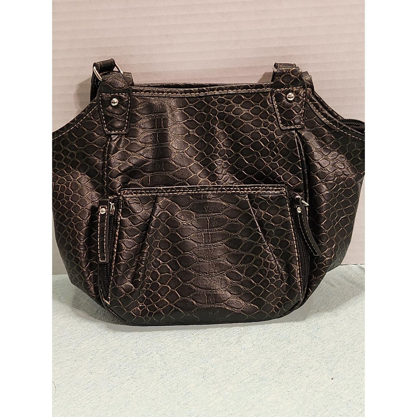 Rosetti Black Faux Snakeskin Shoulder Bag Organizer Purse Contrast Stitching