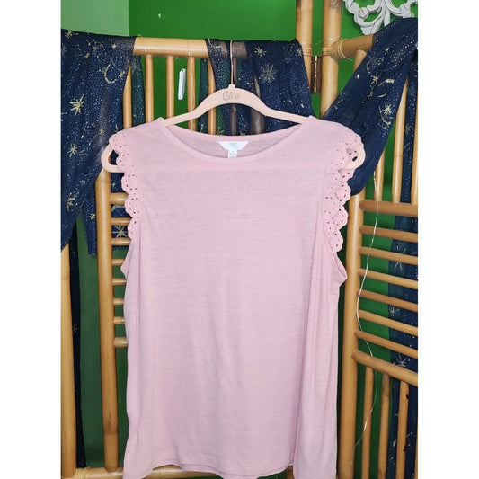 Time and Tru Light Pink Slub Knit Top Crochet Lace Trim Sleeves Womens Size M