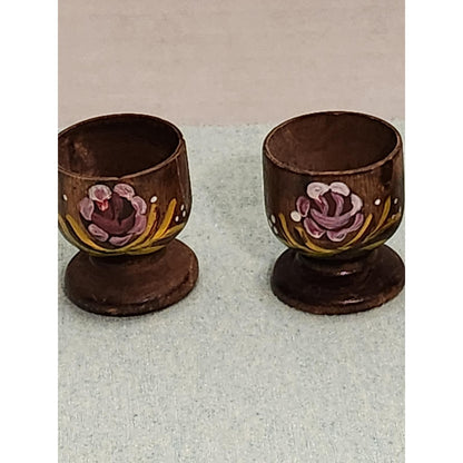Vintage Hand Painted Wooden Egg Cups Set of 4 Floral Rose Folk Art Kitchenware