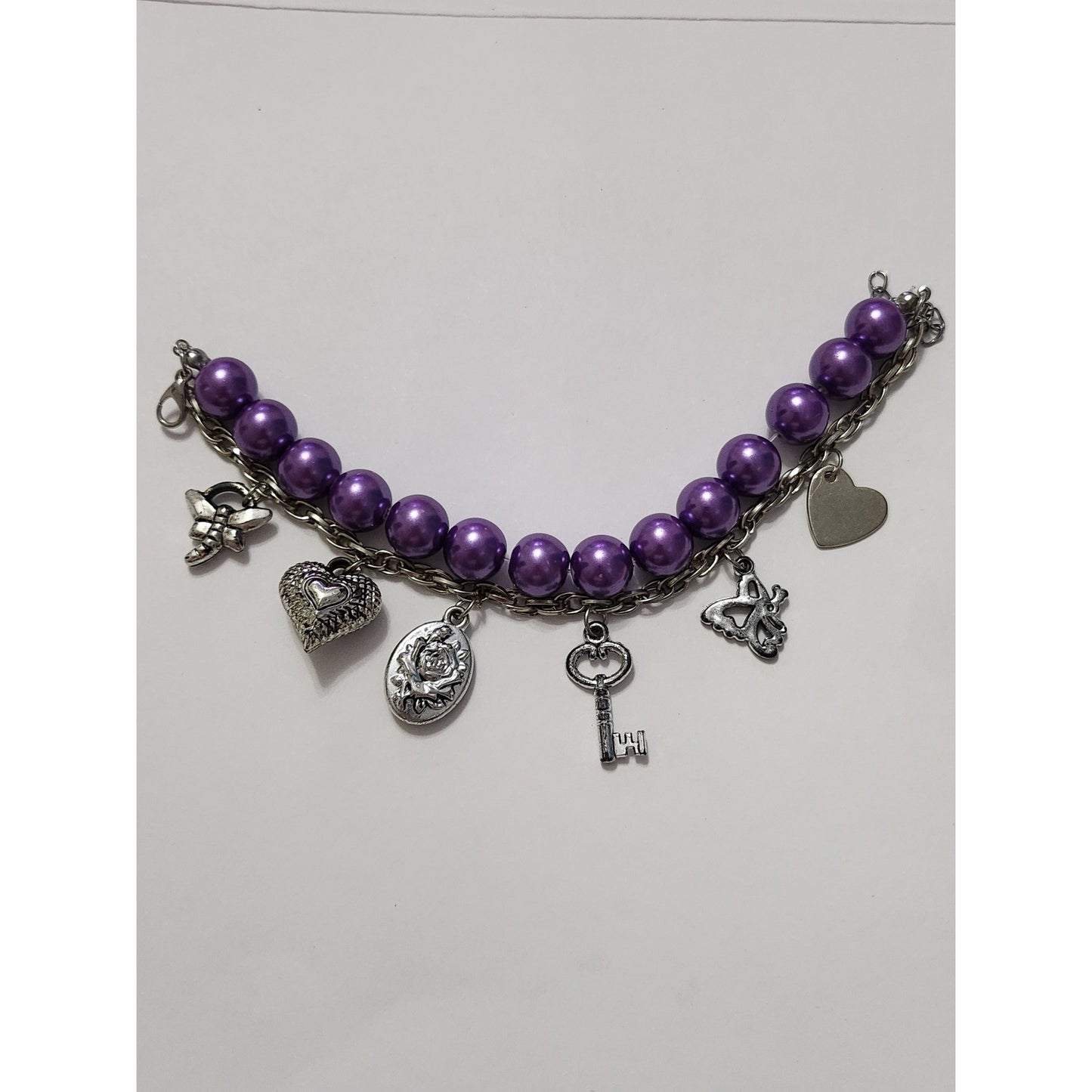 Purple Pearl Silver Charm Jewelry Set Necklace Bracelet Earrings Heart Dragonfly