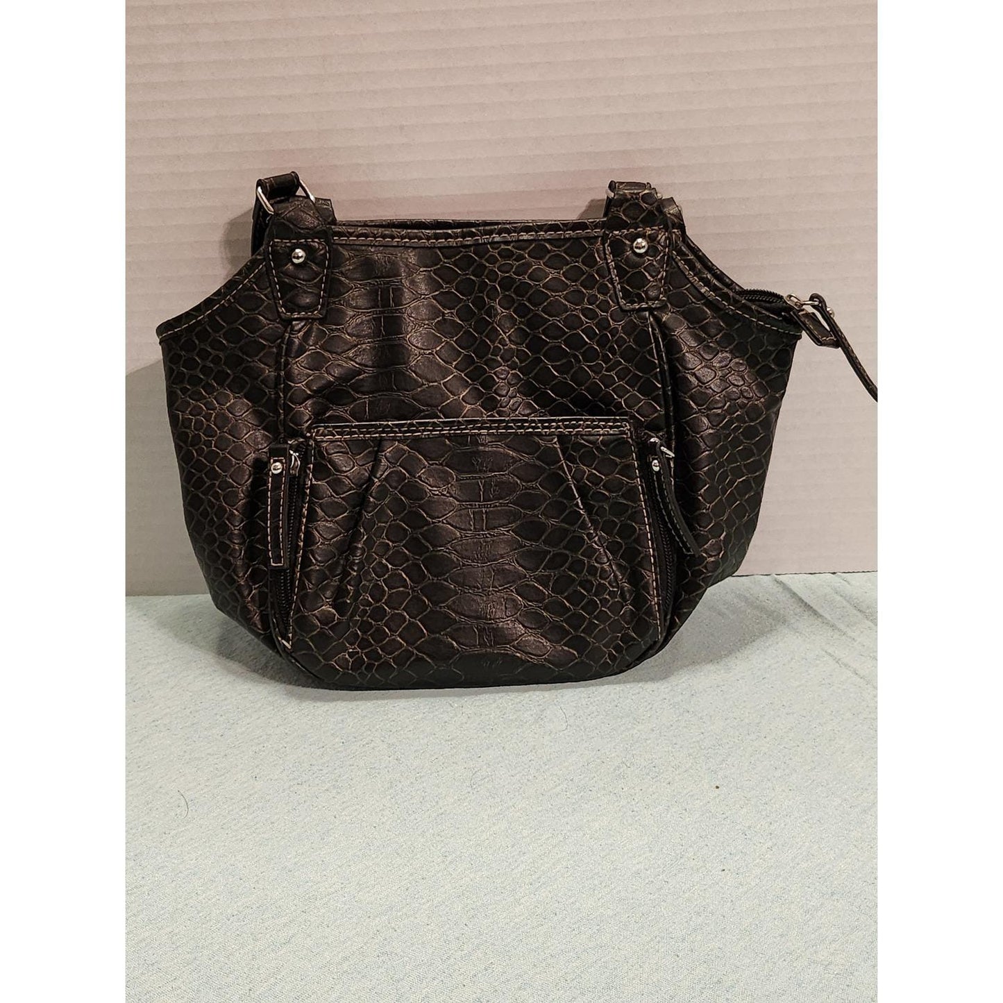 Rosetti Black Faux Snakeskin Shoulder Bag Organizer Purse Contrast Stitching