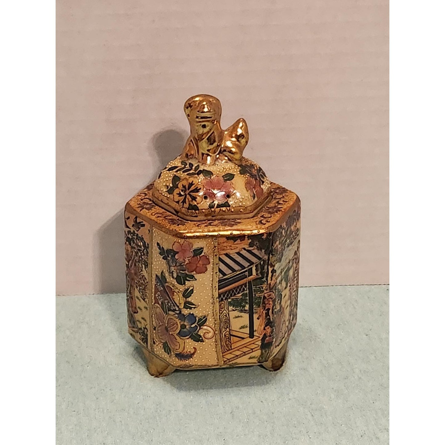 Vintage Satsuma Style Hexagonal Ginger Jar Foo Dog Lid Moriage Gold Gilt Geisha