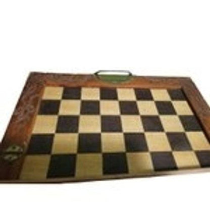 VTG Carved Wood Folding Chess Set Complete Board Dragon Design Brass Hardware