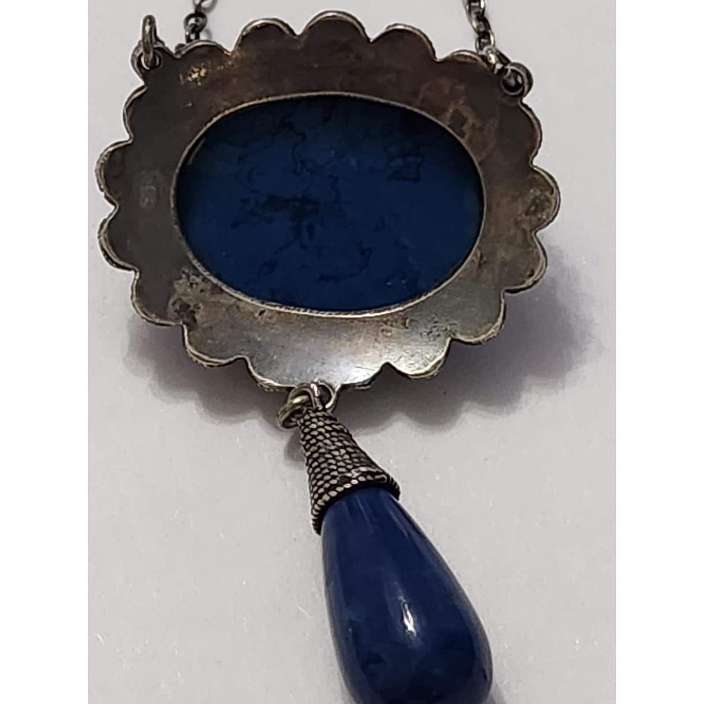 Vintage Blue Lapis Cabochon Pendant Necklace Ornate Silver Filigree Boho Jewelry