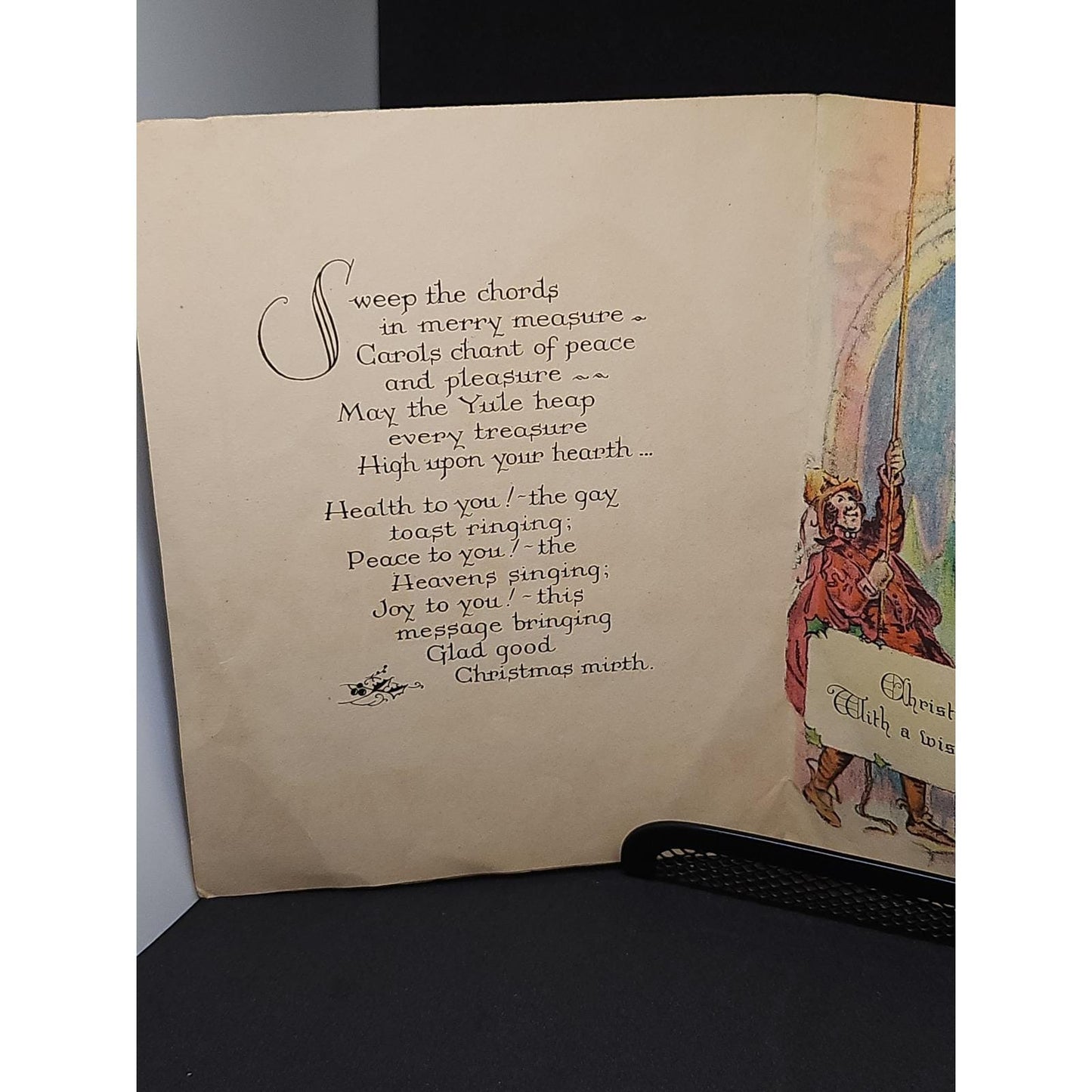 Vintage Merrie Christmas Greeting Card Hearth Scene Bell Ringers Illustration
