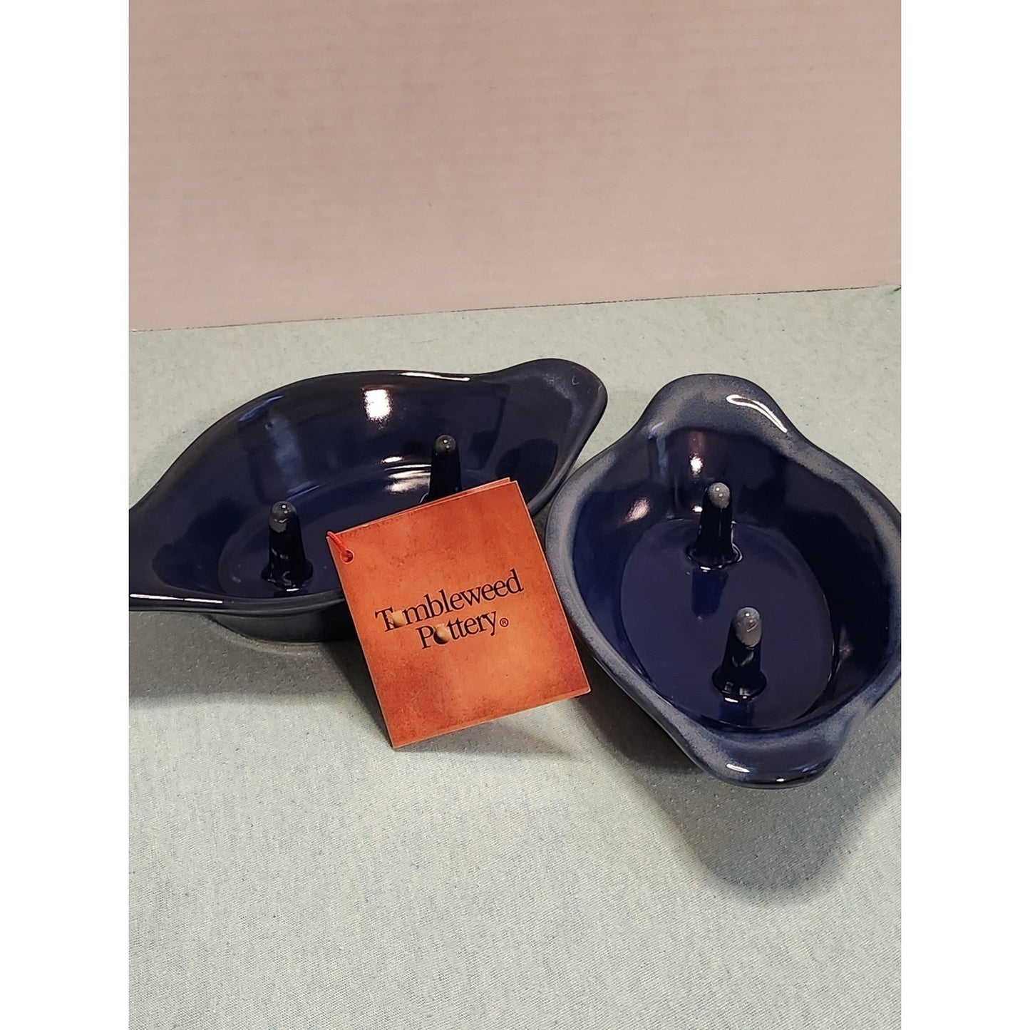 Tumbleweed Pottery Stoneware Potato Bakers Set 2 Cobalt Blue Glaze Spiked Dish
