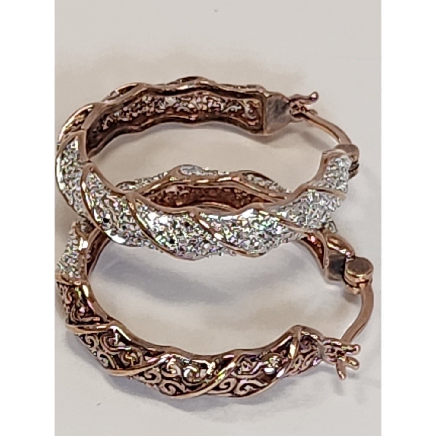 Rose Gold Tone Twisted Pavé Crystal Filigree Hoop Earrings Latch Back Closure