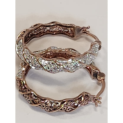 Rose Gold Tone Twisted Pavé Crystal Filigree Hoop Earrings Latch Back Closure
