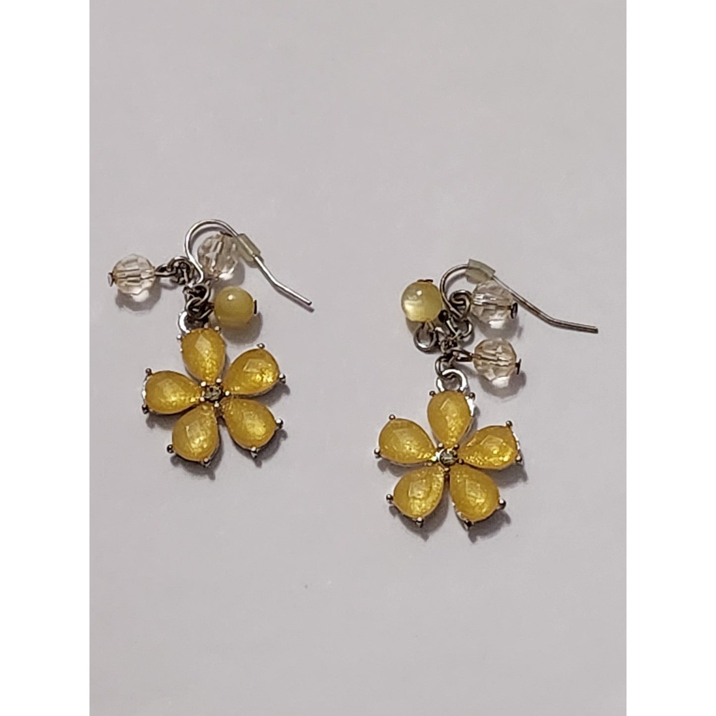 Yellow Floral Jewelry Set Necklace Earrings and Stretch Ring Silver Tone 3pc