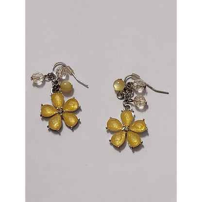 Yellow Floral Jewelry Set Necklace Earrings and Stretch Ring Silver Tone 3pc