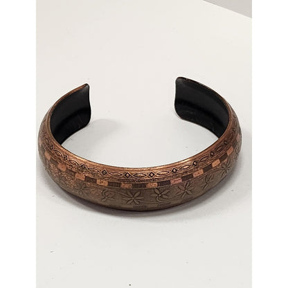Vintage Solid Copper Cuff Bracelet Etched Floral Geometric Pattern Boho Bangle
