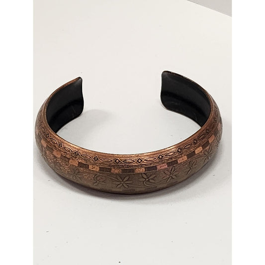 Vintage Solid Copper Cuff Bracelet Etched Floral Geometric Pattern Boho Bangle