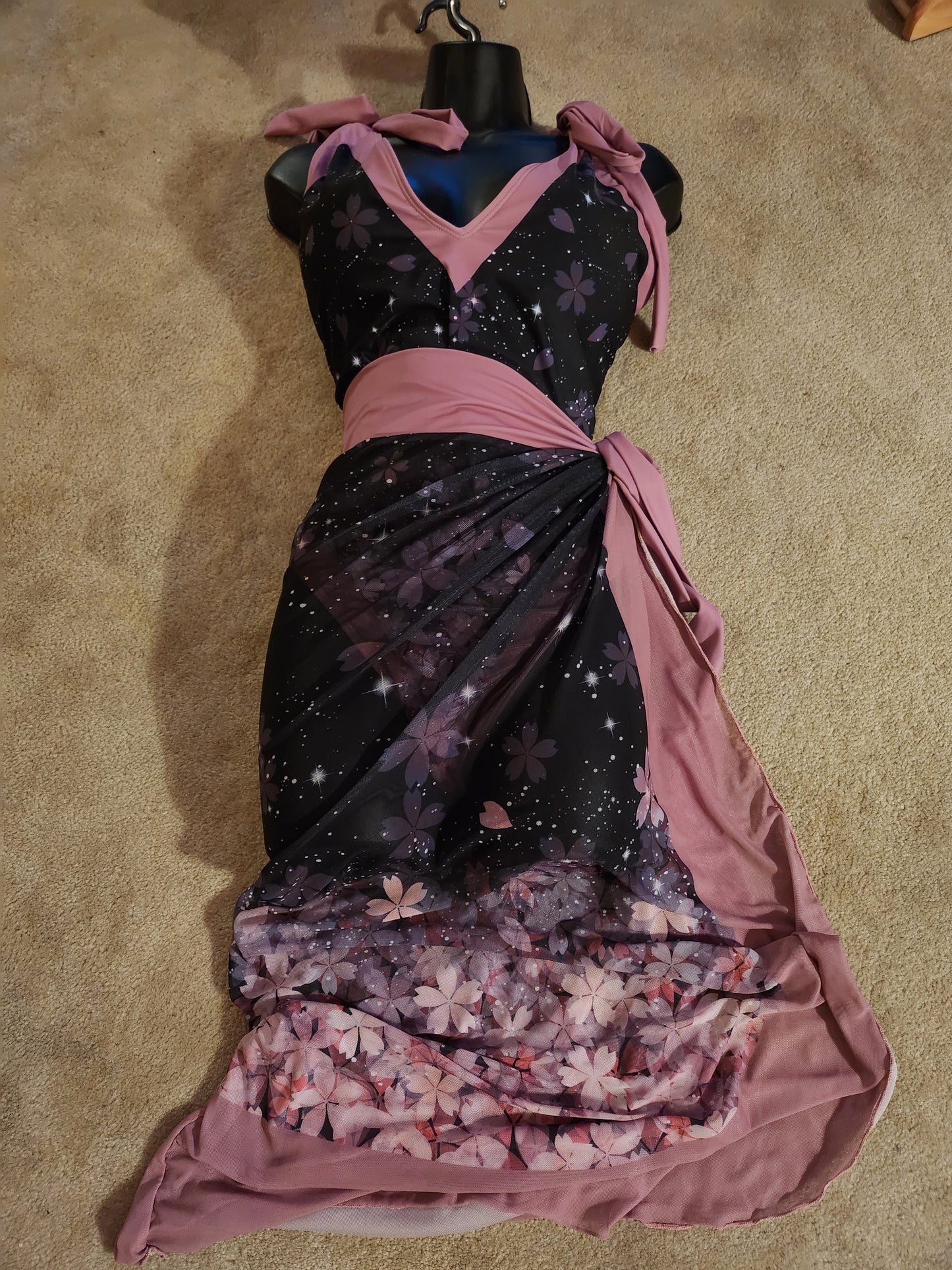 Sakura Cherry Blossom Celestial Swimsuit and Sarong Set Black Pink 2XL