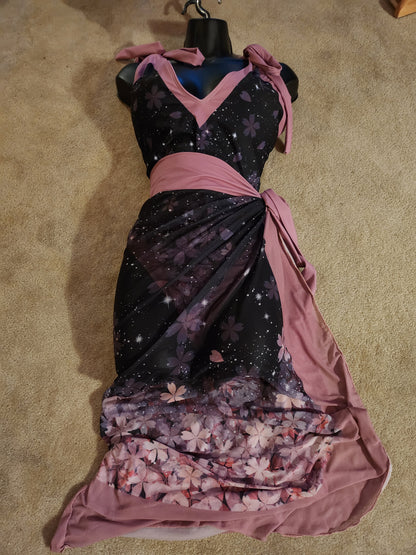 Sakura Cherry Blossom Celestial Swimsuit and Sarong Set Black Pink 2XL
