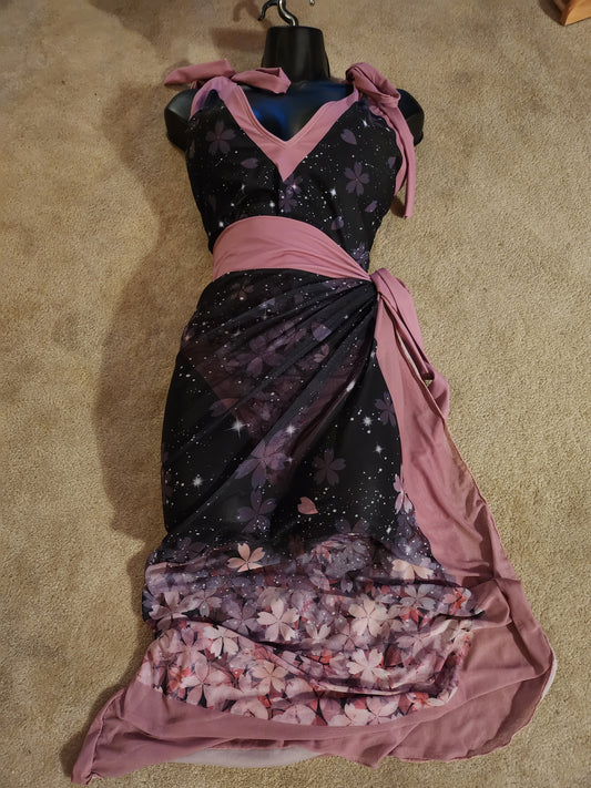 Sakura Cherry Blossom Celestial Swimsuit and Sarong Set Black Pink 2XL