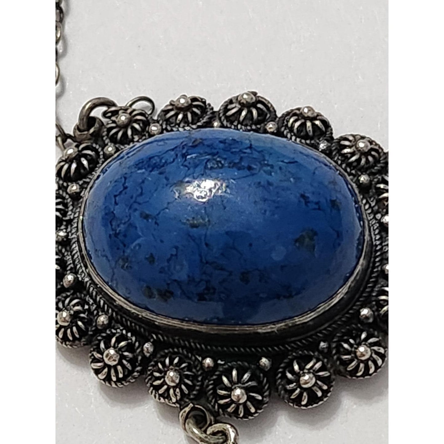 Vintage Blue Lapis Cabochon Pendant Necklace Ornate Silver Filigree Boho Jewelry