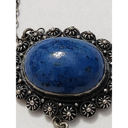 Vintage Blue Lapis Cabochon Pendant Necklace Ornate Silver Filigree Boho Jewelry
