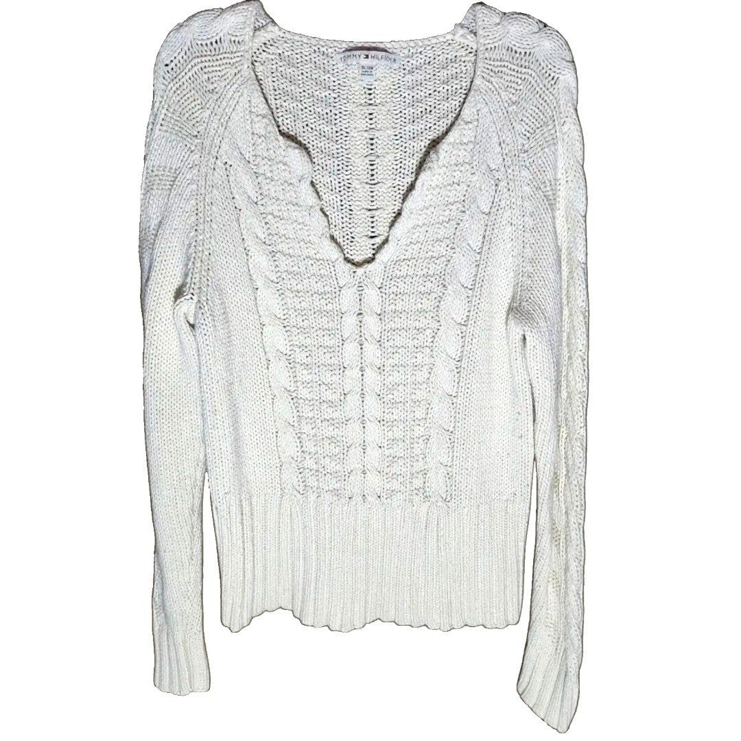 Vintage Tommy Hilfiger Cable Knit Sweater Womens XL Cream White V-Neck Preppy