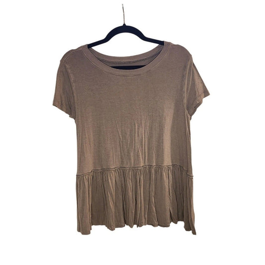Womens Taupe Brown Peplum T-Shirt Short Sleeve Crew Neck Ruffle Hem Boho Top