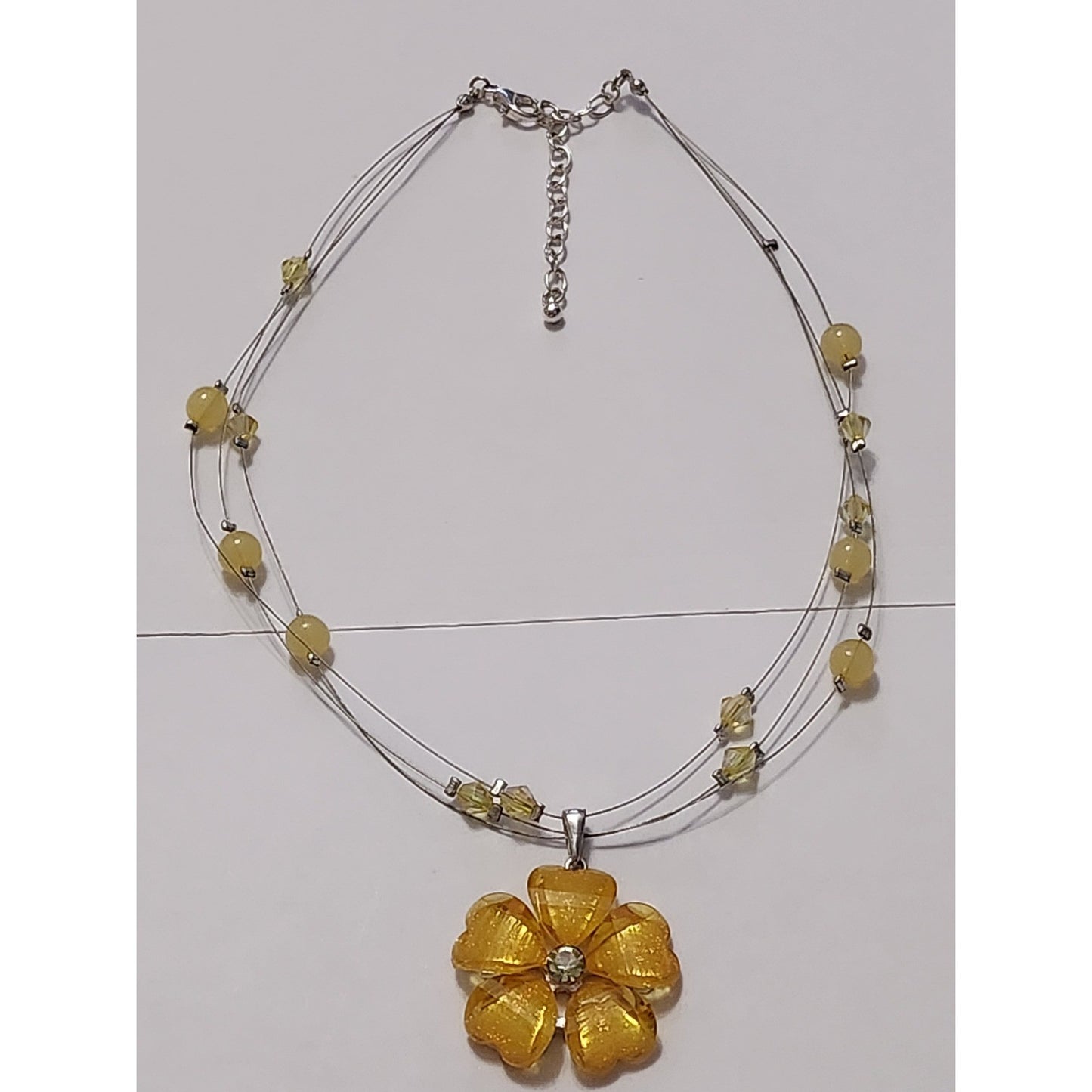 Yellow Floral Jewelry Set Necklace Earrings and Stretch Ring Silver Tone 3pc